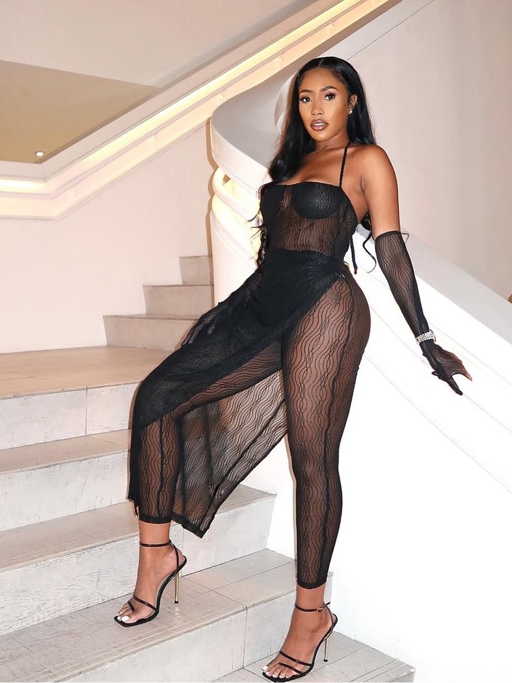 Yvelux Sheer Black Mesh Strap Jumpsuit w/ Skirt
